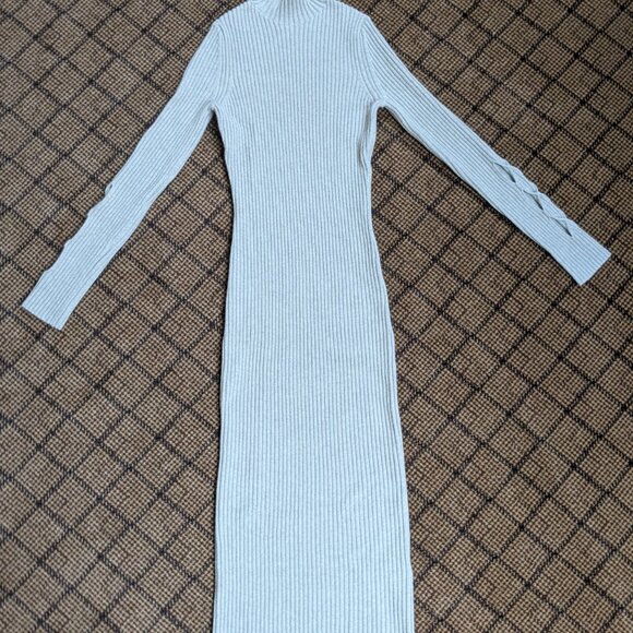 VICTORIA BECKHAM Rib Knit Long Sleeve Sweater Dress Mock Neck Wool Small Beige - Picture 4 of 15